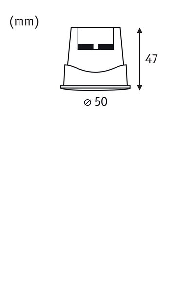Technical drawing showing 50 mm diameter and 47 mm height of a lighting housing