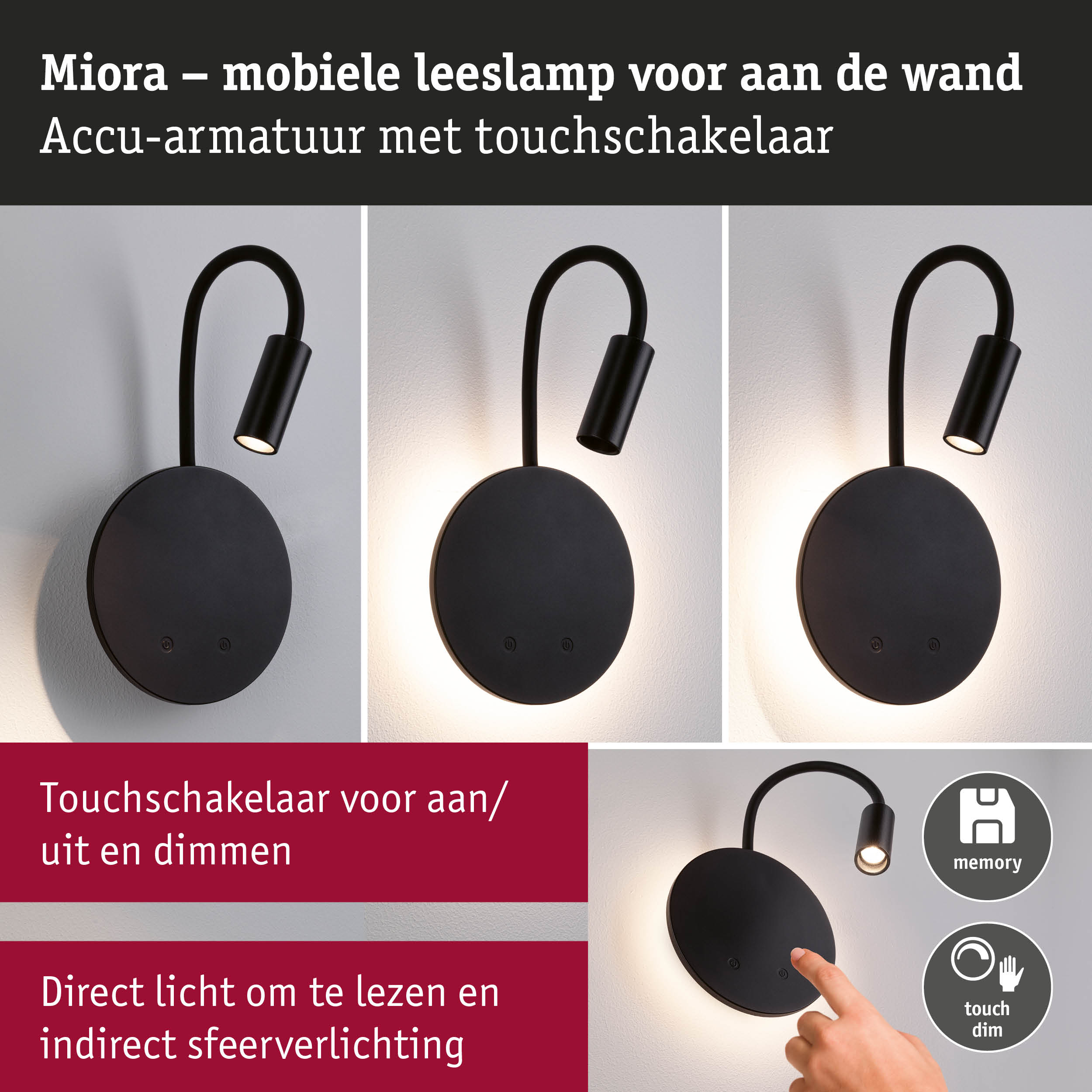 Zwarte Miora accu-wandlamp met flexibele leesarm en touchdimmer voor sfeerverlichting