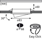 Technische Zeichnung eines Einbaustrahler-Schnitts mit 83 mm Durchmesser und Easy Click Anschluss.