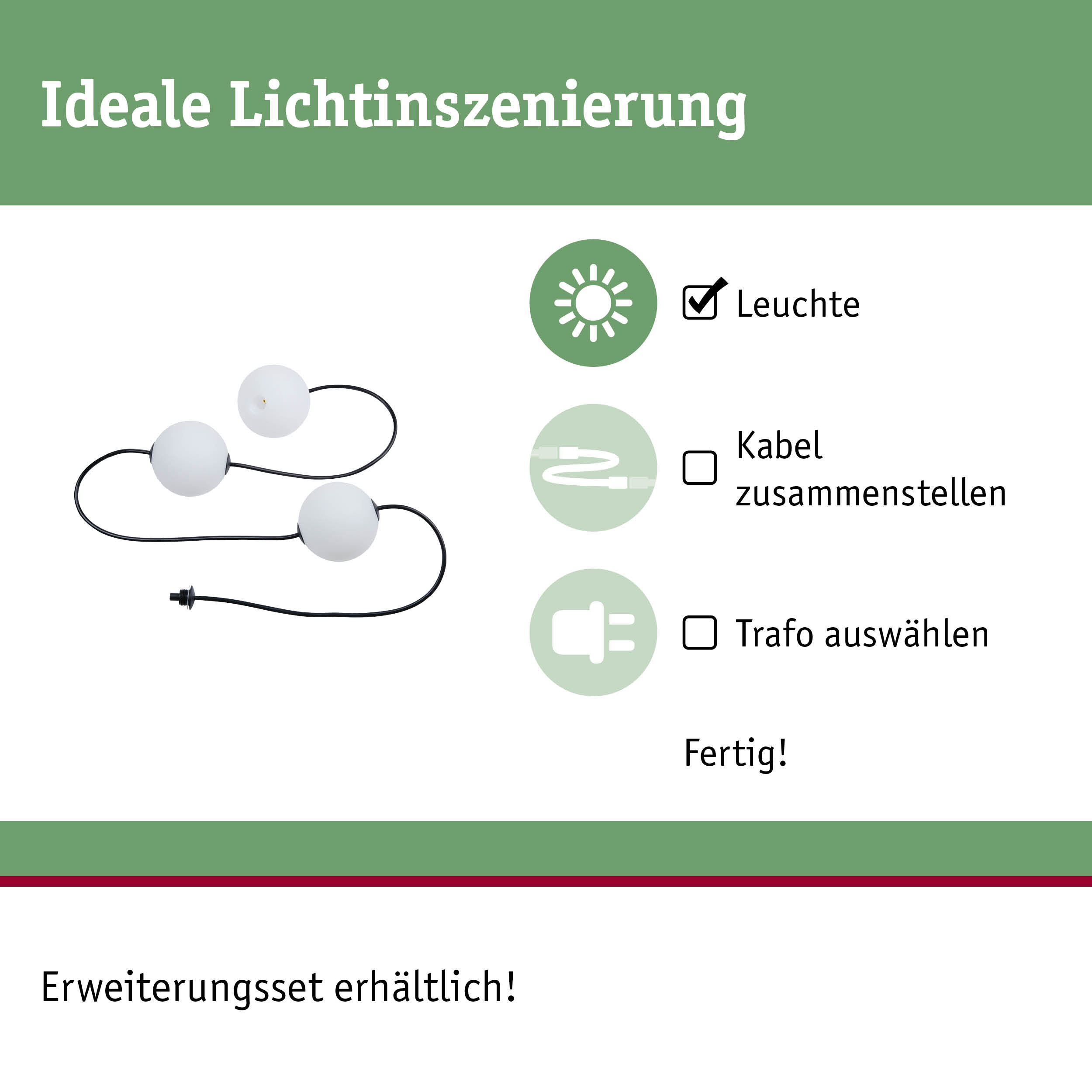 Schwarzes Kabel mit weißen Kugelleuchten für flexible Lichtinszenierung und Dekoration.
