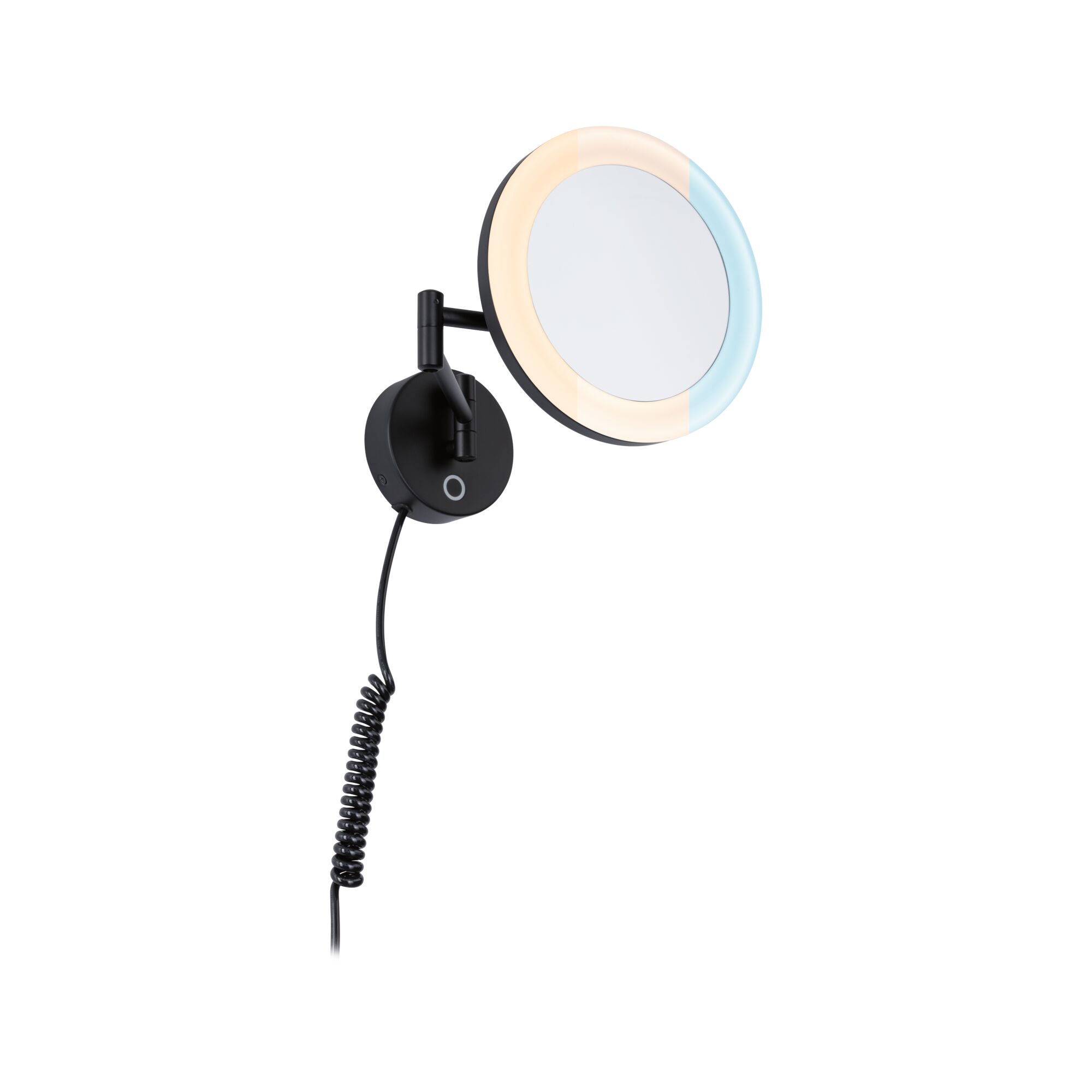 Schwarzer LED-Wandspiegel mit einstellbarem Farbtemperatur-Ring und flexiblem Arm für Badbeleuchtung