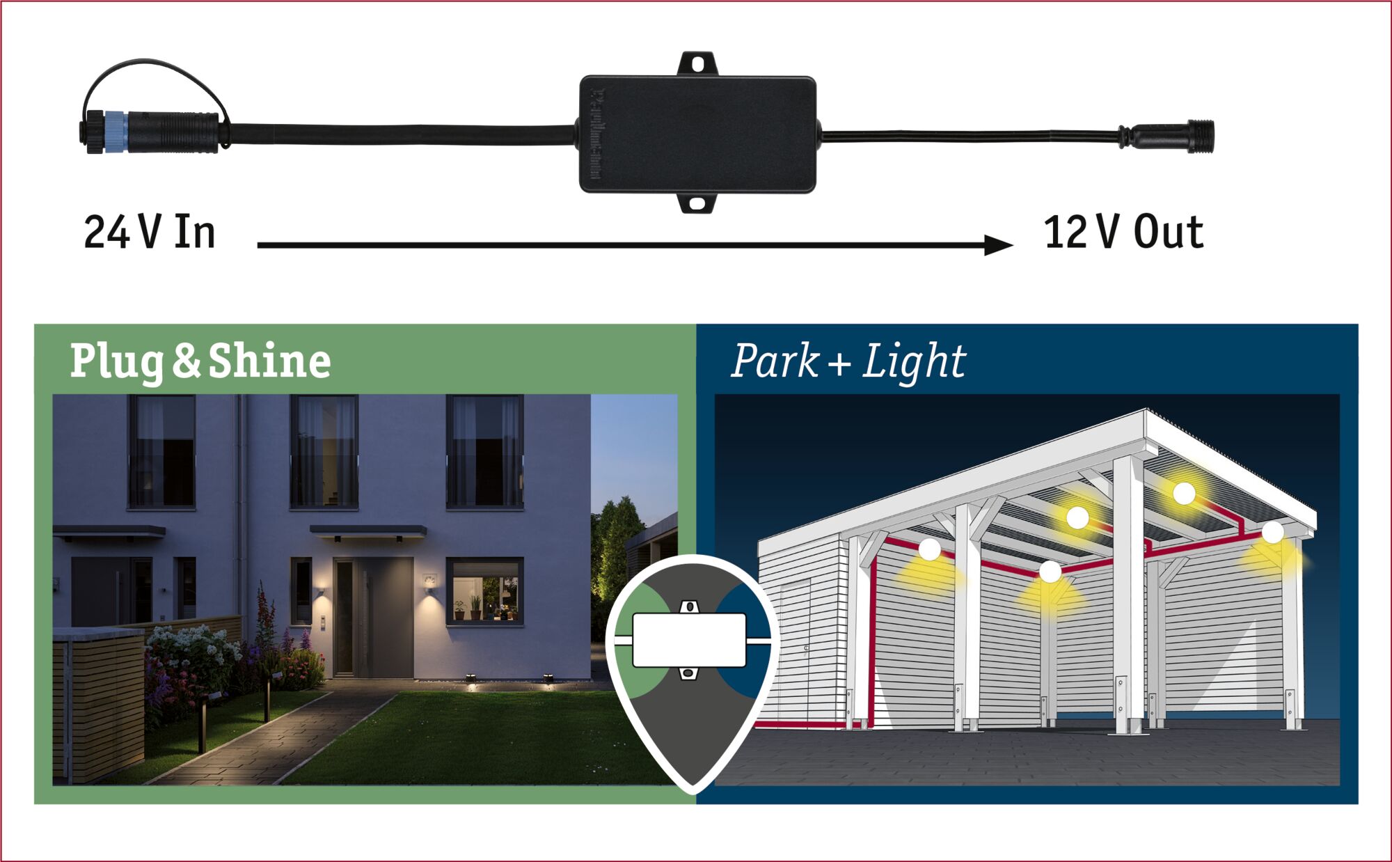 Sort spændingsomformer med 24V indgang og 12V udgang til Plug & Shine og Park + Light belysningssystemer