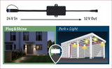 Convertisseur de tension noir avec entrée 24V et sortie 12V pour systèmes d'éclairage Plug & Shine et Park + Light
