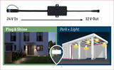 Sort spændingsomformer med 24V indgang og 12V udgang til Plug & Shine og Park + Light belysningssystemer