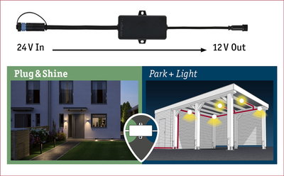 Sort spændingsomformer med 24V indgang og 12V udgang til Plug & Shine og Park + Light belysningssystemer