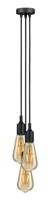 Three-light pendant lamp with black cords and warm white bulbs for ambient lighting in modern interiors