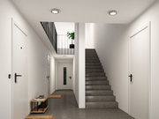 Moderner Flur mit grauem Boden, weißen Türen und zwei runden Deckenleuchten aus Metall und Glas