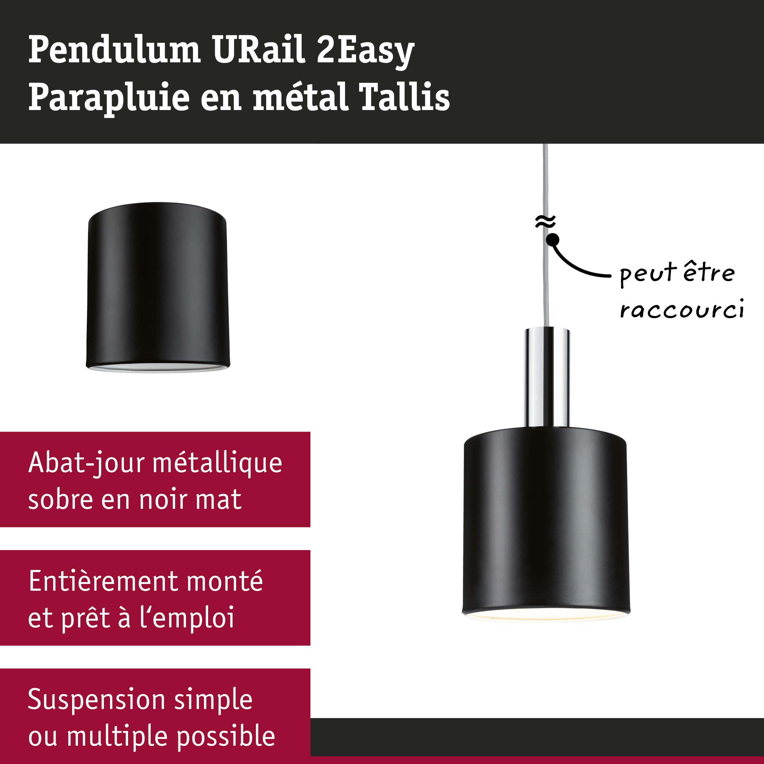 Abat-jour métallique noir mat avec câble réglable pour système d’éclairage URail 2Easy