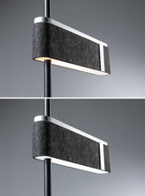 Modern floor lamp with black felt and aluminum frame, dimmable LED light for living spaces.
