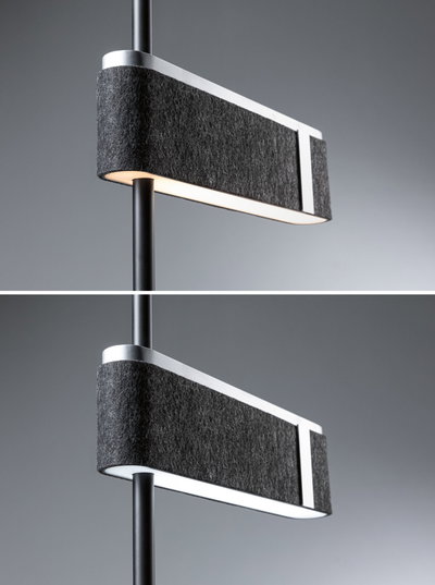 Modern floor lamp with black felt and aluminum frame, dimmable LED light for living spaces.