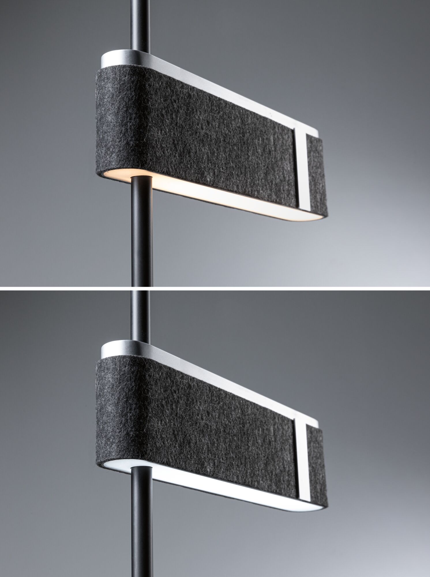 Moderne vloerlamp met zwart vilt en aluminium frame, dimbare LED-verlichting voor woonruimtes.
