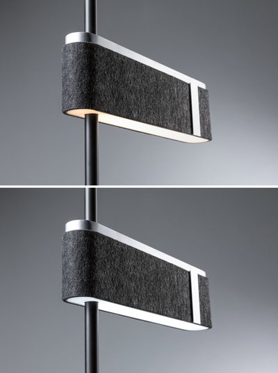 Moderne vloerlamp met zwart vilt en aluminium frame, dimbare LED-verlichting voor woonruimtes.