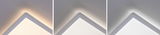 Three close-ups of a white LED ceiling light showing varying brightness and wall illumination