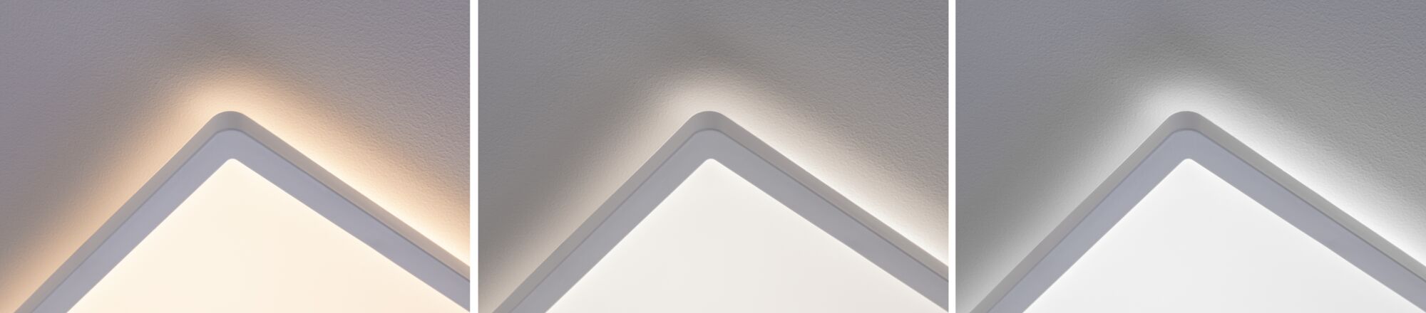 Three close-ups of a white LED ceiling light showing varying brightness and wall illumination