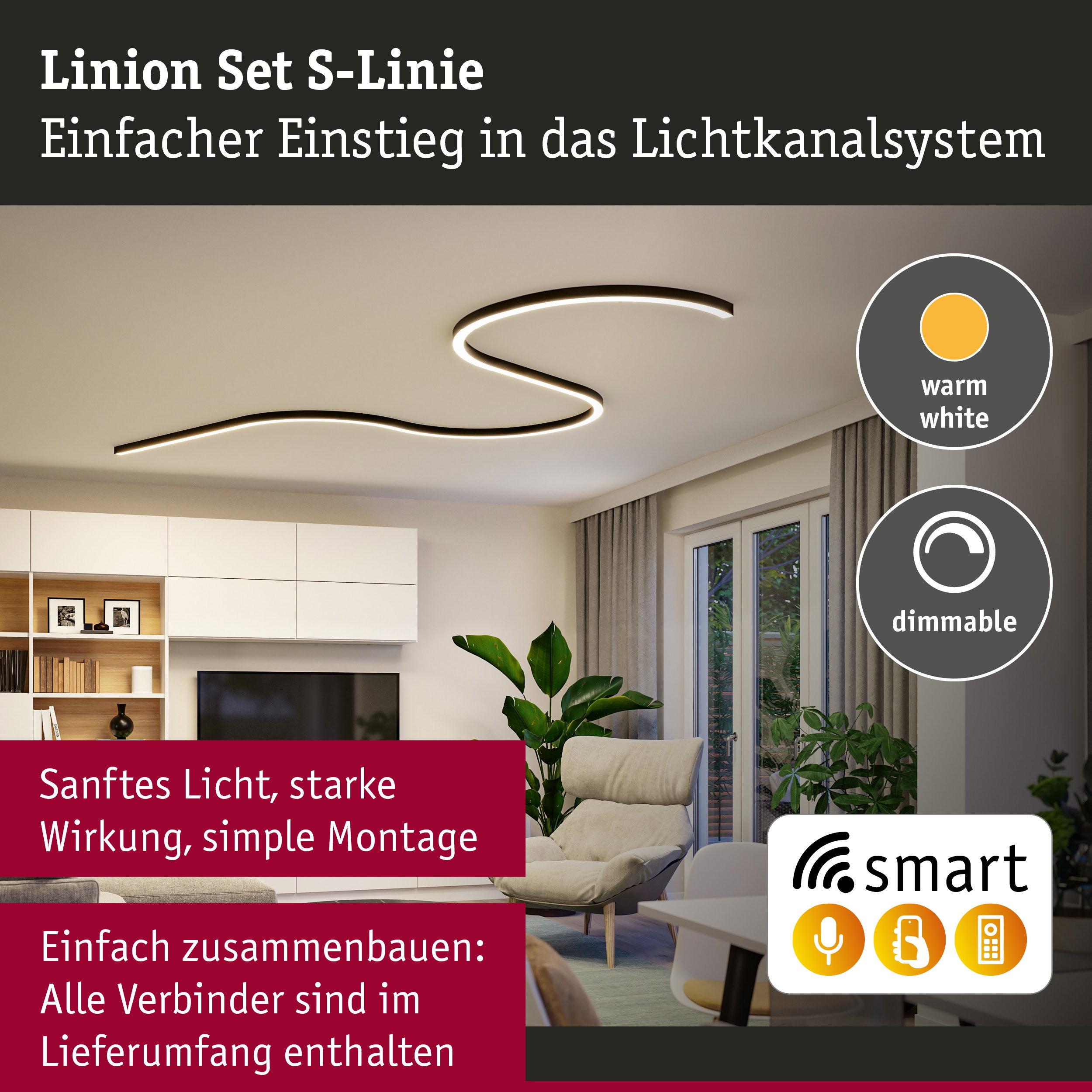 Linion Lichtkanal Smart Home Zigbee 3.0 S-Form Komplettset 230/24V W 3000K Signalschwarz