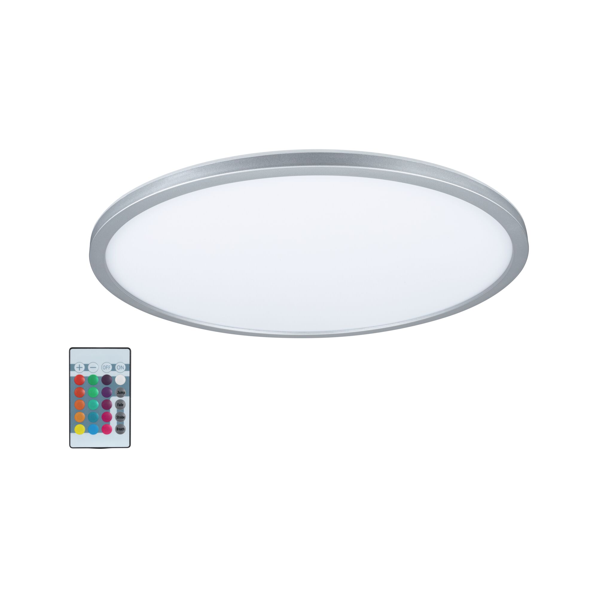 Round LED ceiling light with silver aluminum frame and remote control for color change and dimming