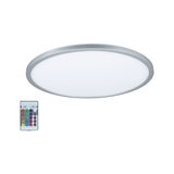 Round LED ceiling light with silver aluminum frame and remote control for color change and dimming