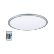 Runde LED-Deckenleuchte mit silbernem Aluminiumrahmen und Fernbedienung für Farbwechsel und Dimmung