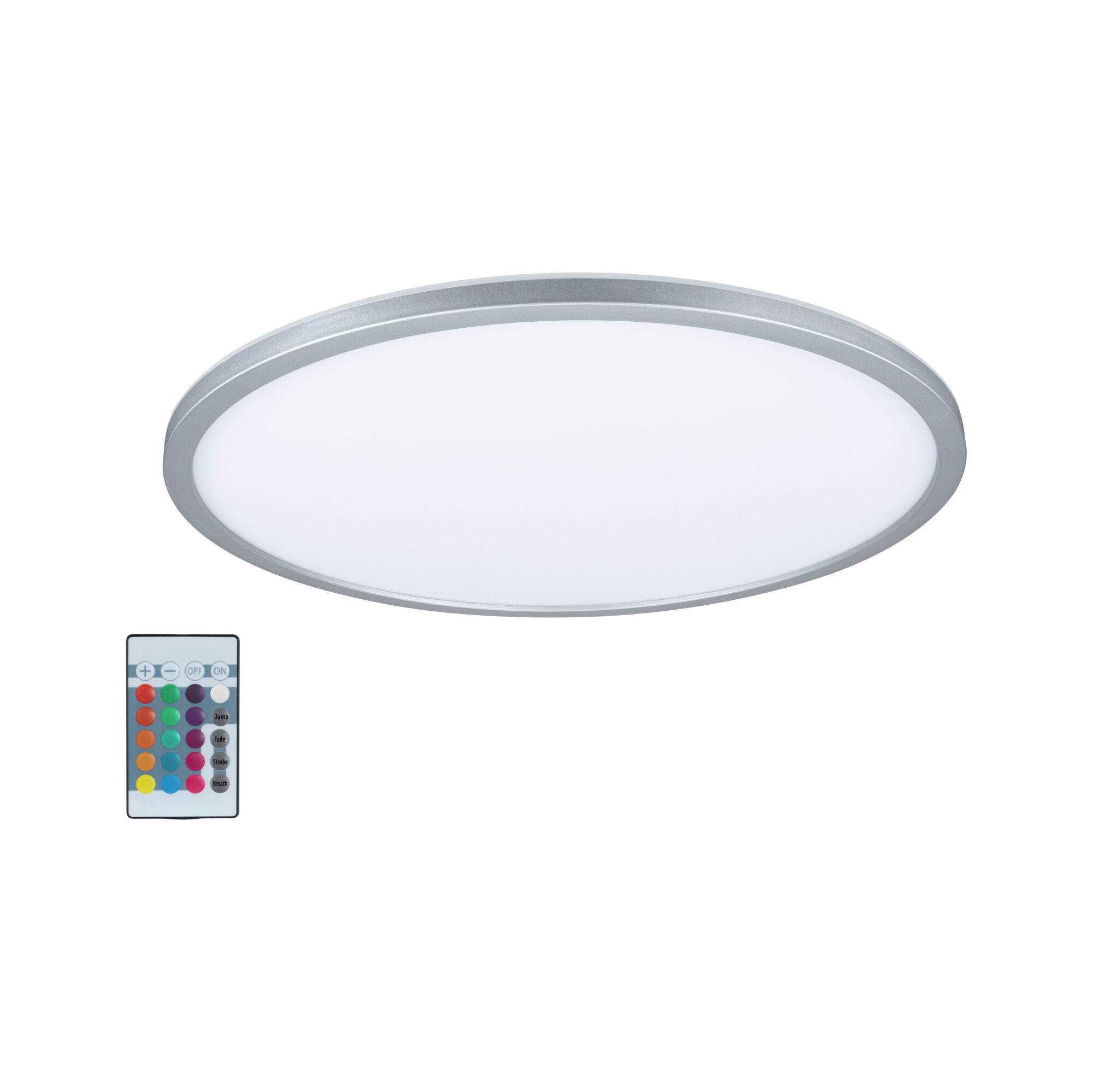 Runde LED-Deckenleuchte mit silbernem Aluminiumrahmen und Fernbedienung für Farbwechsel und Dimmung