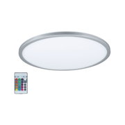 Round LED ceiling light with silver aluminium frame and remote control for colour change and dimming