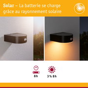 Applique murale solaire noire avec détecteur de mouvement, illustrant l'utilisation jour et nuit avec indicateurs de batterie.