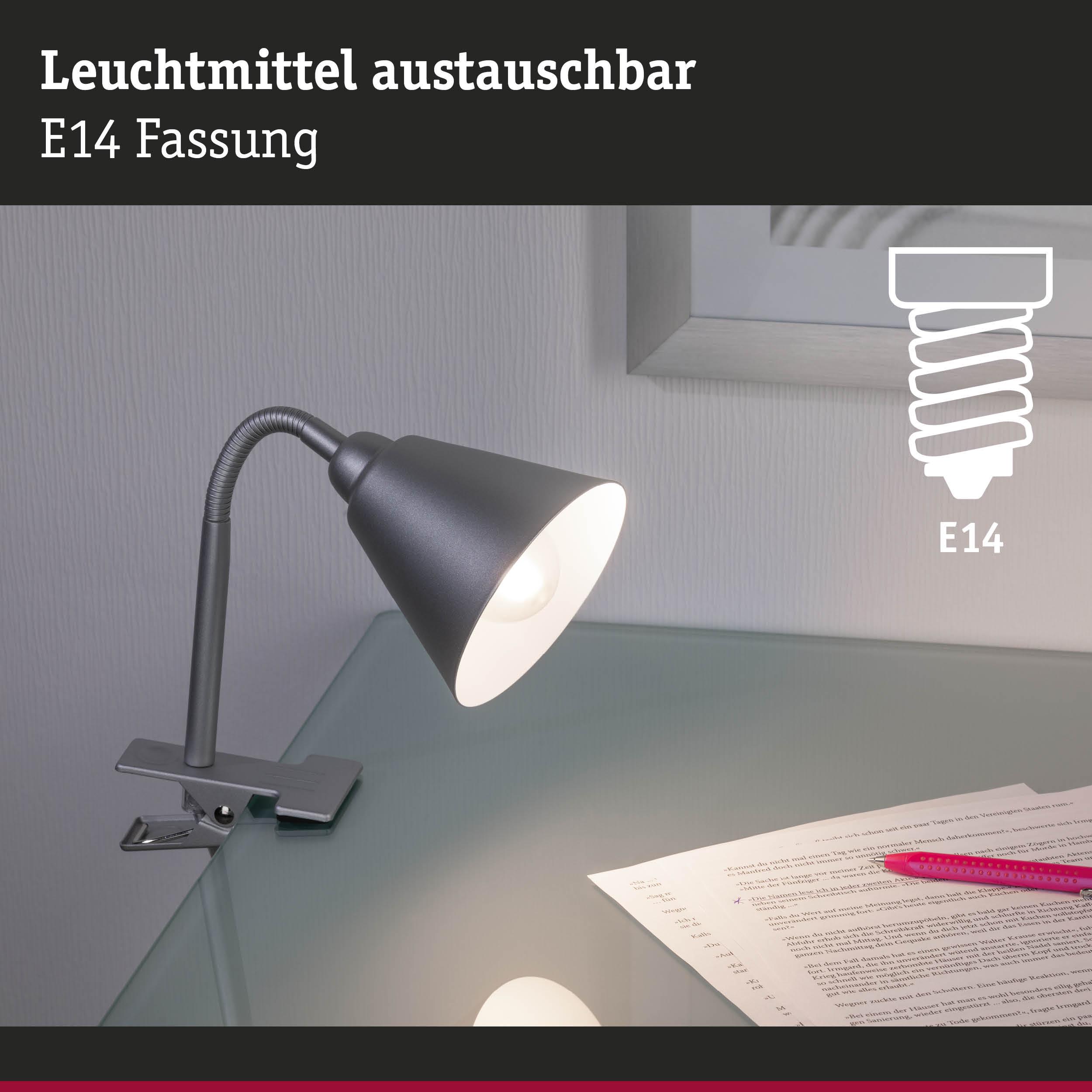 Schwarze Klemmlampe aus Metall mit flexiblem Hals und E14 Fassung für Schreibtischbeleuchtung