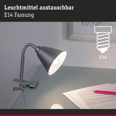 Schwarze Klemmlampe aus Metall mit flexiblem Hals und E14 Fassung für Schreibtischbeleuchtung