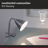 Schwarze Klemmlampe aus Metall mit flexiblem Hals und E14 Fassung für Schreibtischbeleuchtung