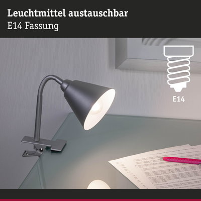 Schwarze Klemmlampe aus Metall mit flexiblem Hals und E14 Fassung für Schreibtischbeleuchtung