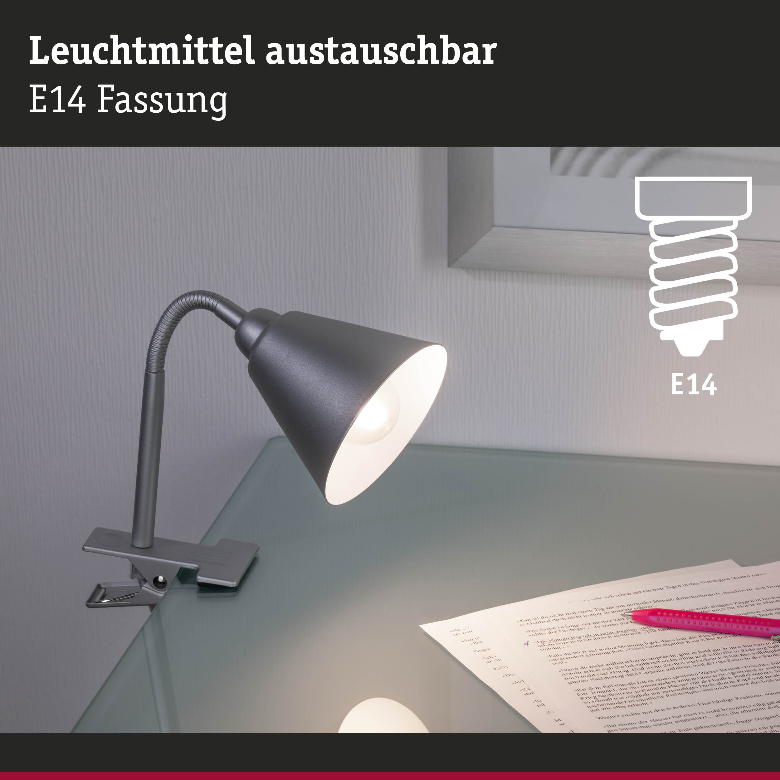 Schwarze Metall-Schreibtischlampe mit flexiblem Hals und E14 Fassung für austauschbare Leuchtmittel