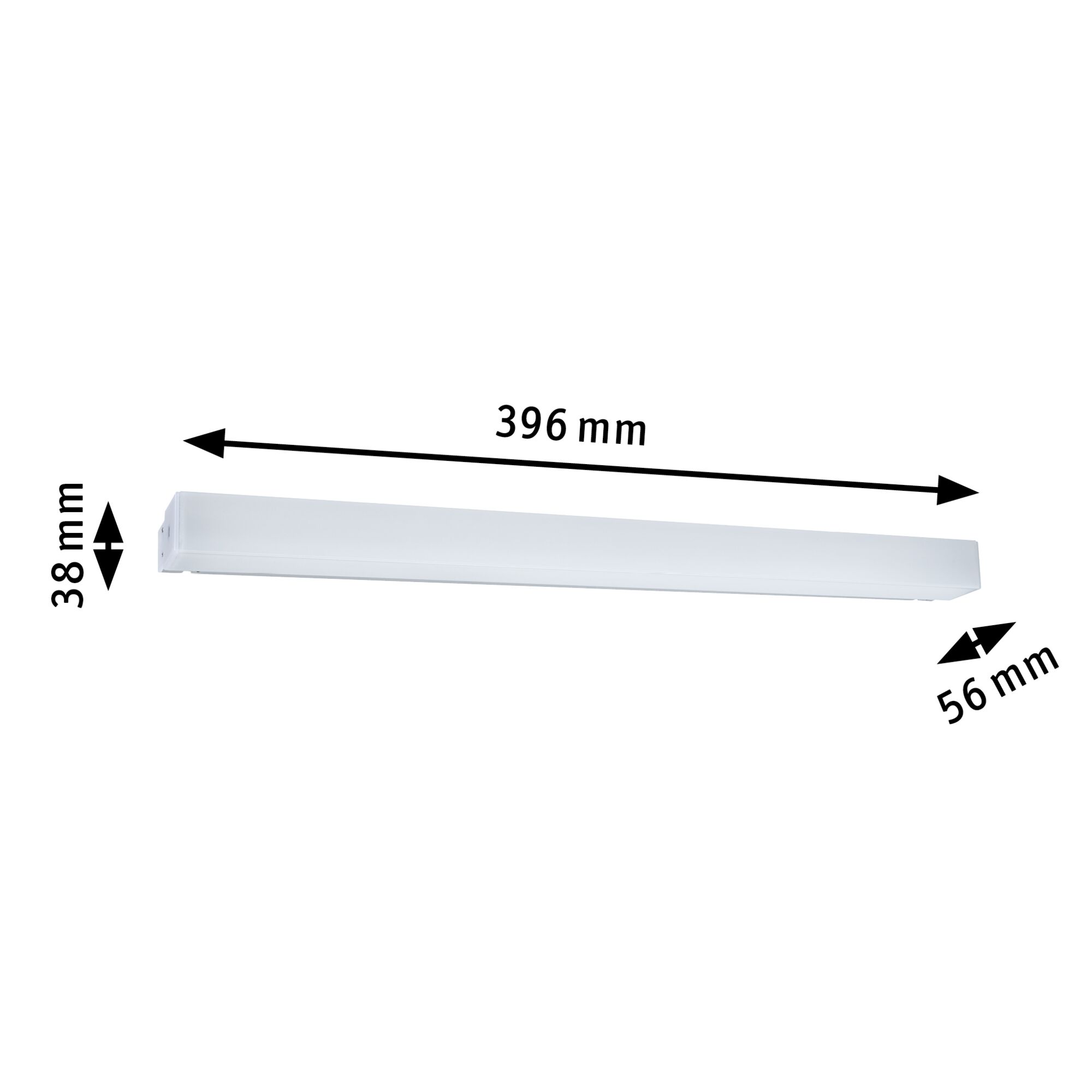 White plastic LED under-cabinet light measuring 396x56x38 mm for kitchen lighting
