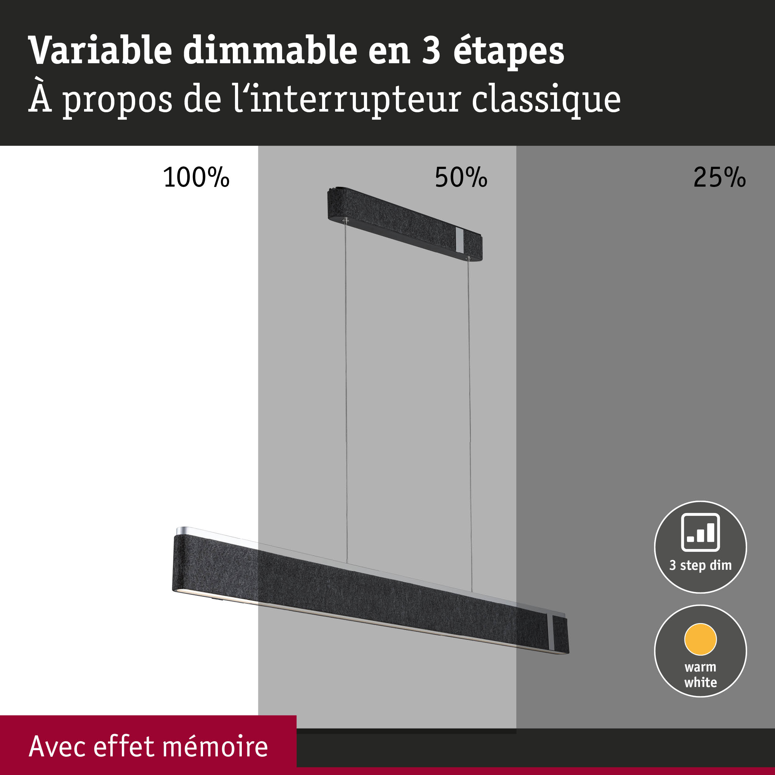 Suspension LED noire avec variateur 3 étapes et lumière blanc chaud pour intérieur