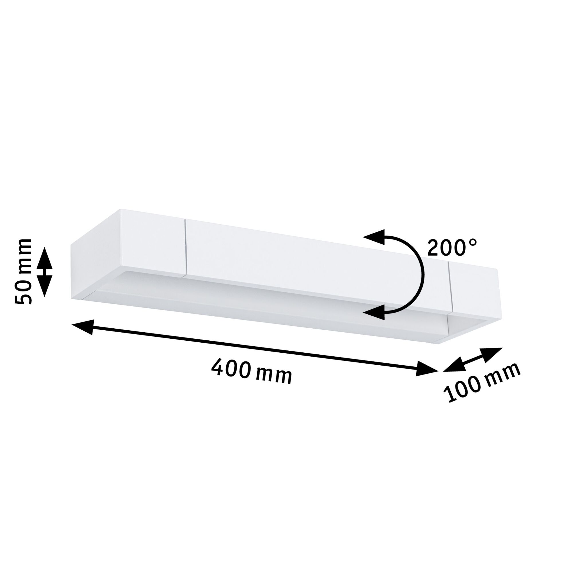 White metal LED wall light 400 mm long with 200° swivel angle for modern lighting solutions.