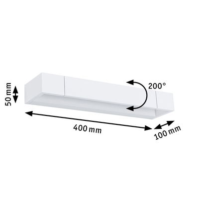 White metal LED wall light 400 mm long with 200° swivel angle for modern lighting solutions.