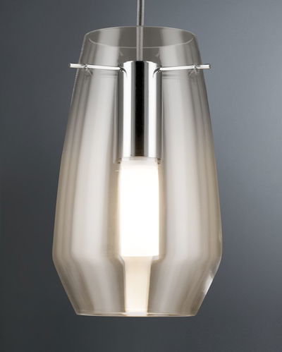 Modern pendant light with transparent glass and metal holder, warm white LED lighting for living spaces