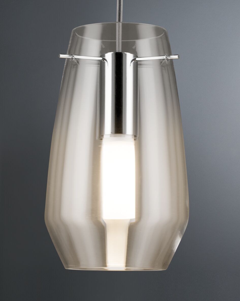 Modern pendant light with transparent glass and metal holder, warm white LED lighting for living spaces