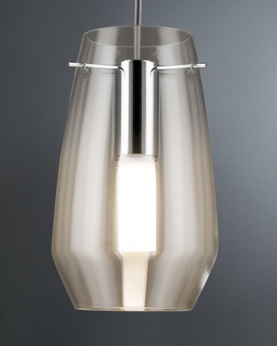 Moderne Hängeleuchte mit transparentem Glas und Metallhalterung, warmweißes LED-Licht für Wohnräume