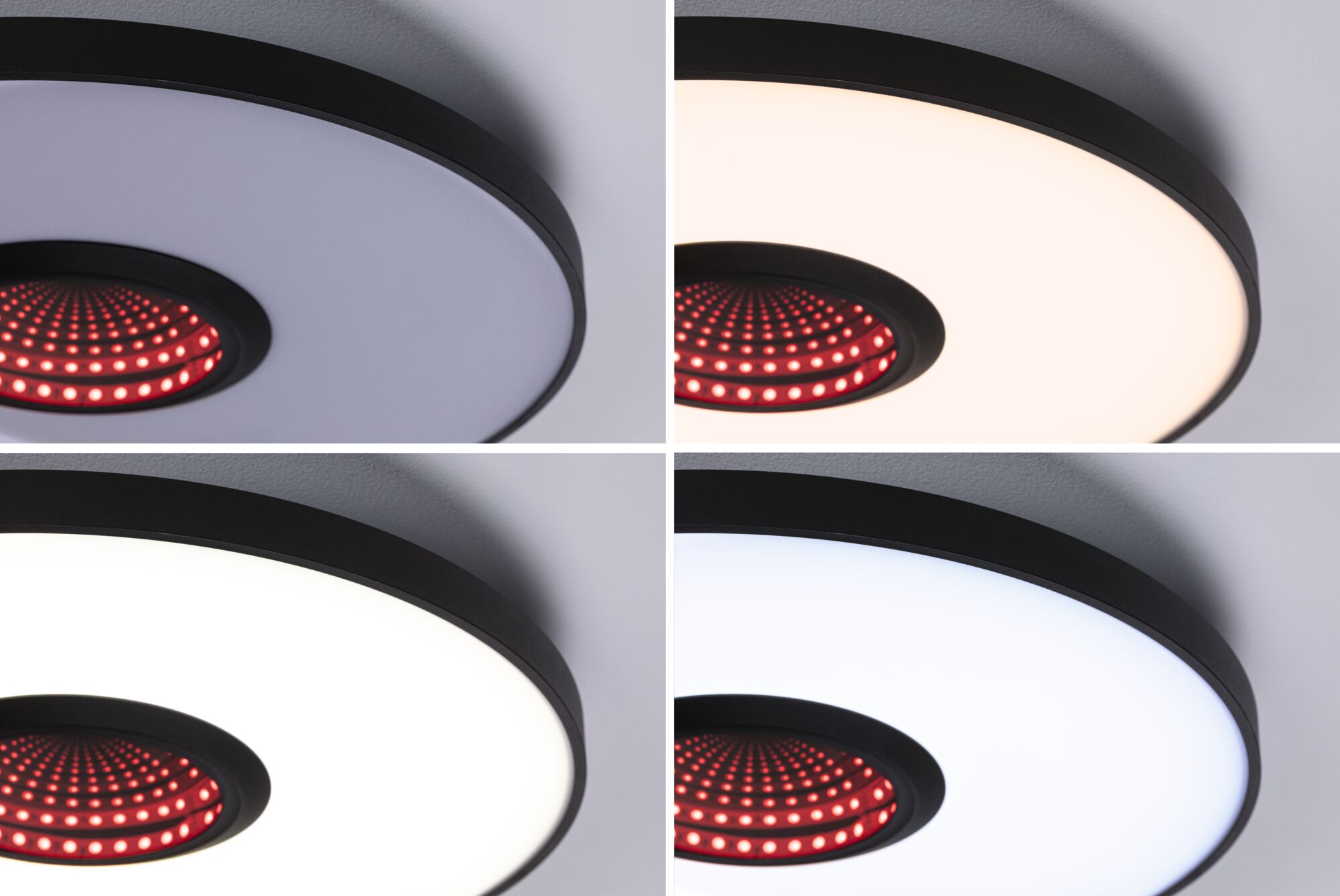 Vier Ansichten einer schwarzen Deckenleuchte mit dimmbarer weißer LED-Fläche und rotem LED-Mittelpunkt