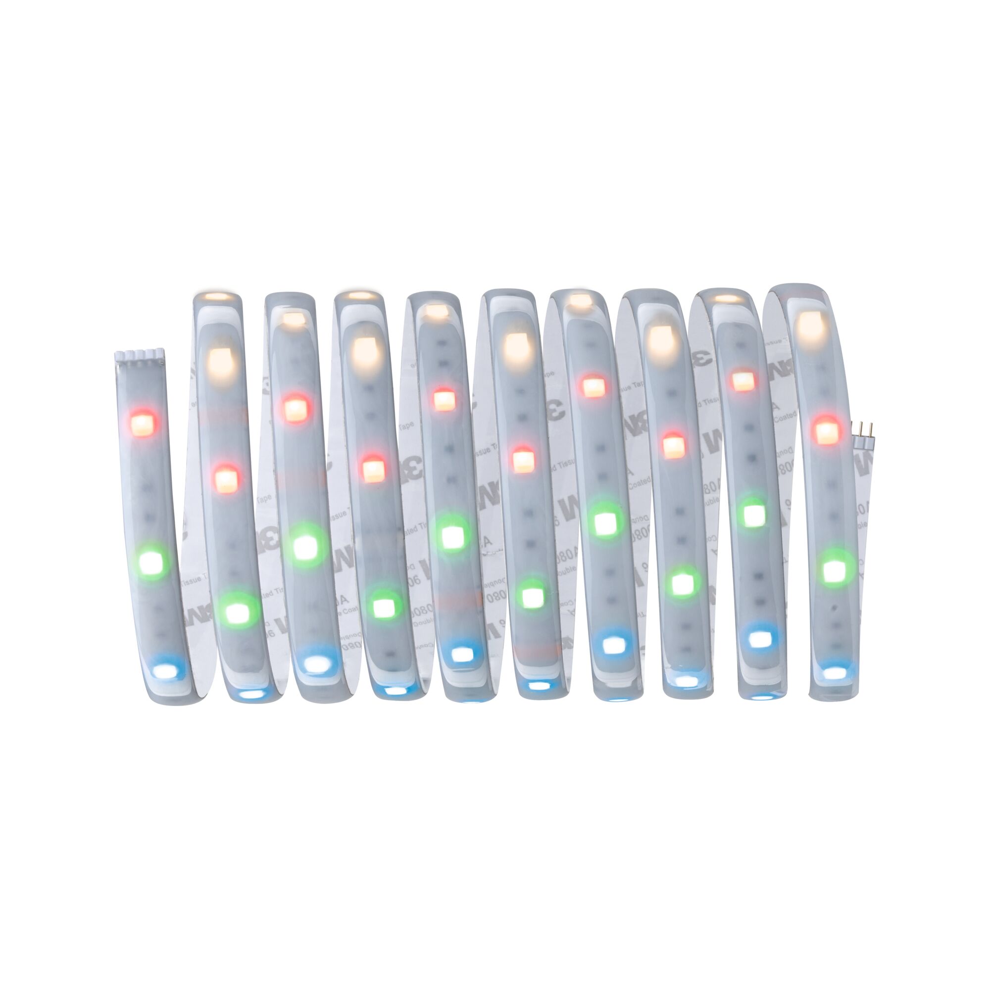 Flexible LED strip with colorful RGB lights and adhesive backing for versatile lighting solutions.