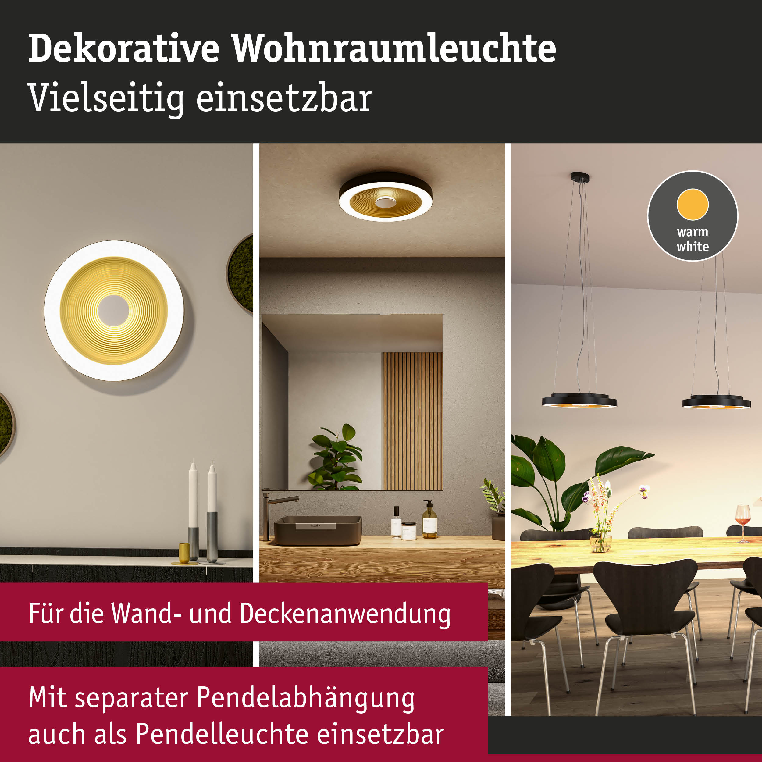 Dekorative Wohnraumleuchte in Schwarz mit warmweißem Licht, vielseitig für Wand- und Deckenmontage