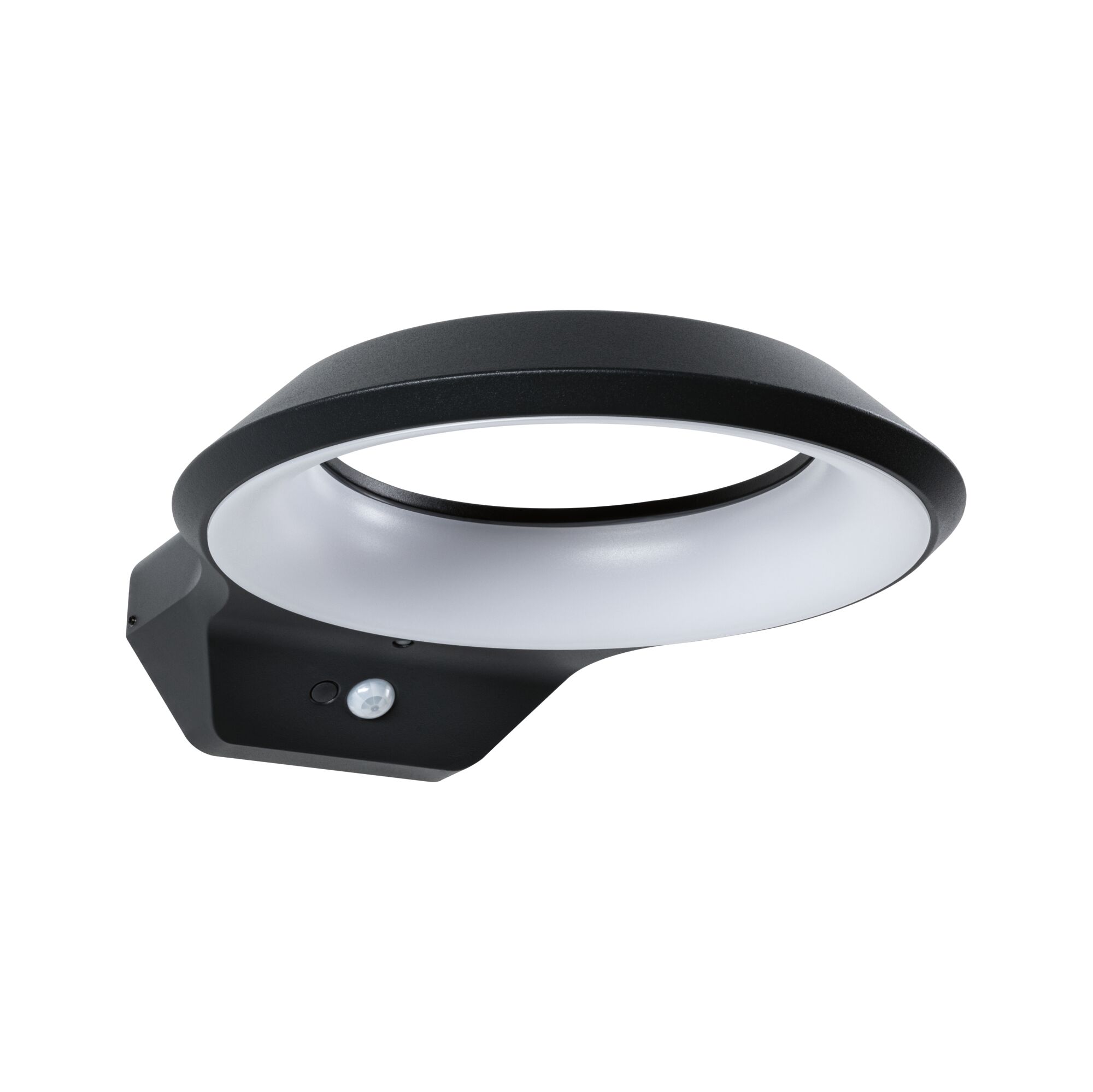 Black metal LED outdoor wall light with motion sensor and round diffuser for garden lighting