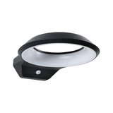 Black metal LED outdoor wall light with motion sensor and round diffuser for garden lighting