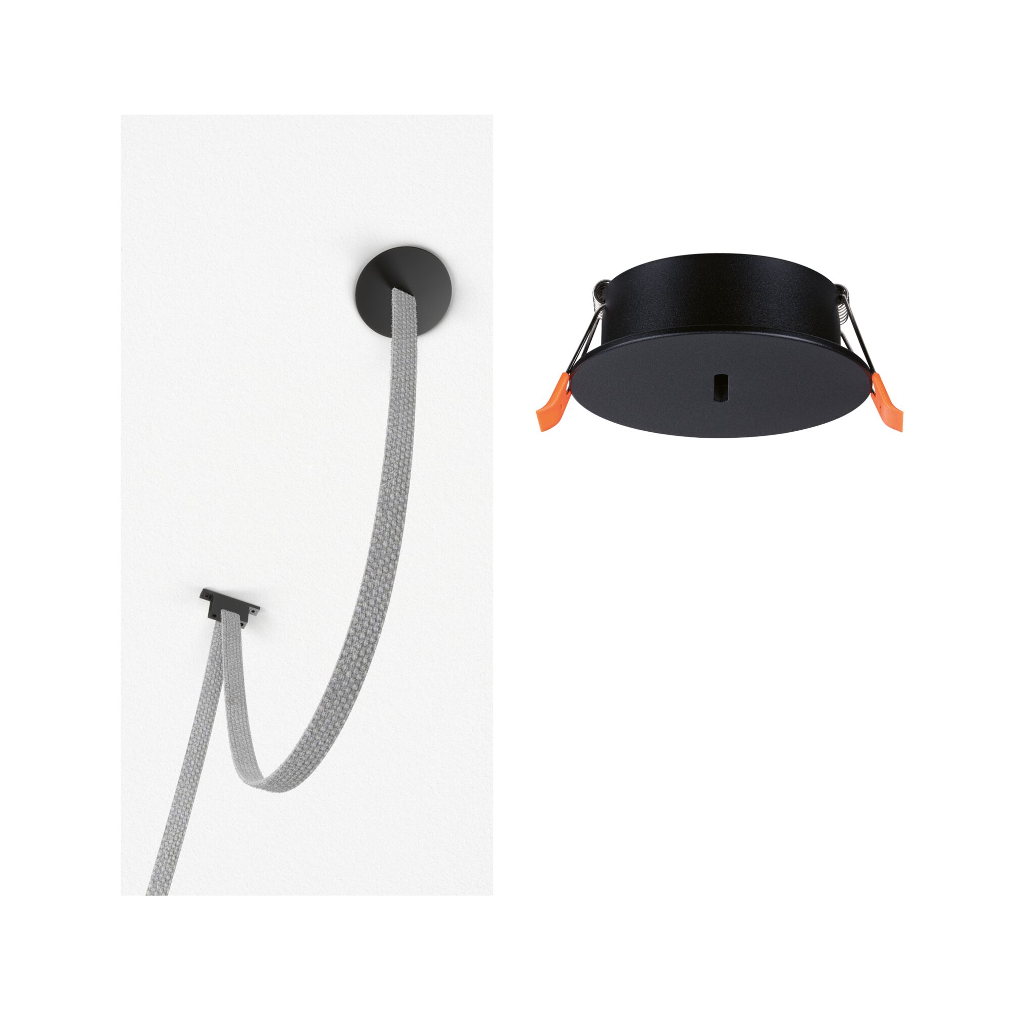 Sort indbygningslampe med orange clips og gråt tekstilkabel til moderne LED-belysning