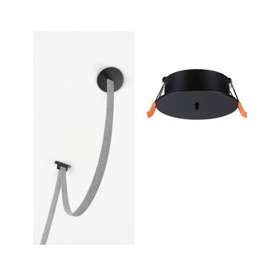 Sort indbygningslampe med orange clips og gråt tekstilkabel til moderne LED-belysning