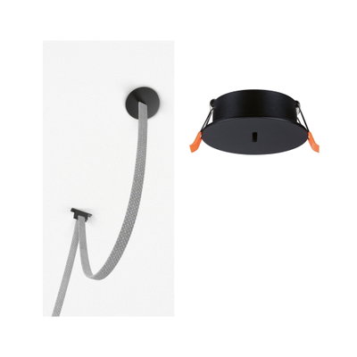Schwarze Einbauleuchte mit orangefarbenen Clips und grauem Textilkabel für moderne LED-Beleuchtung