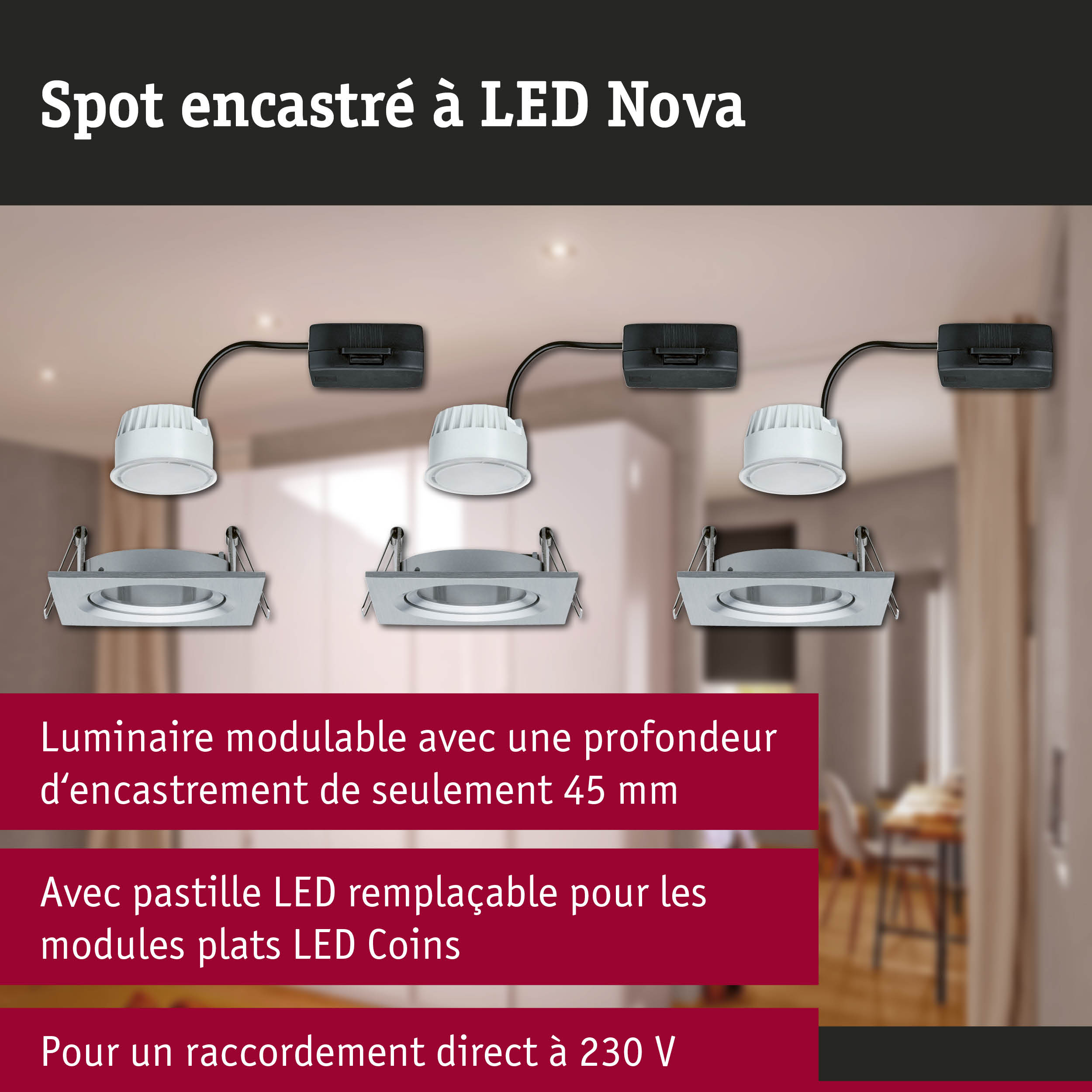 Spot encastré LED Nova en plastique blanc avec câble noir pour éclairage LED moderne