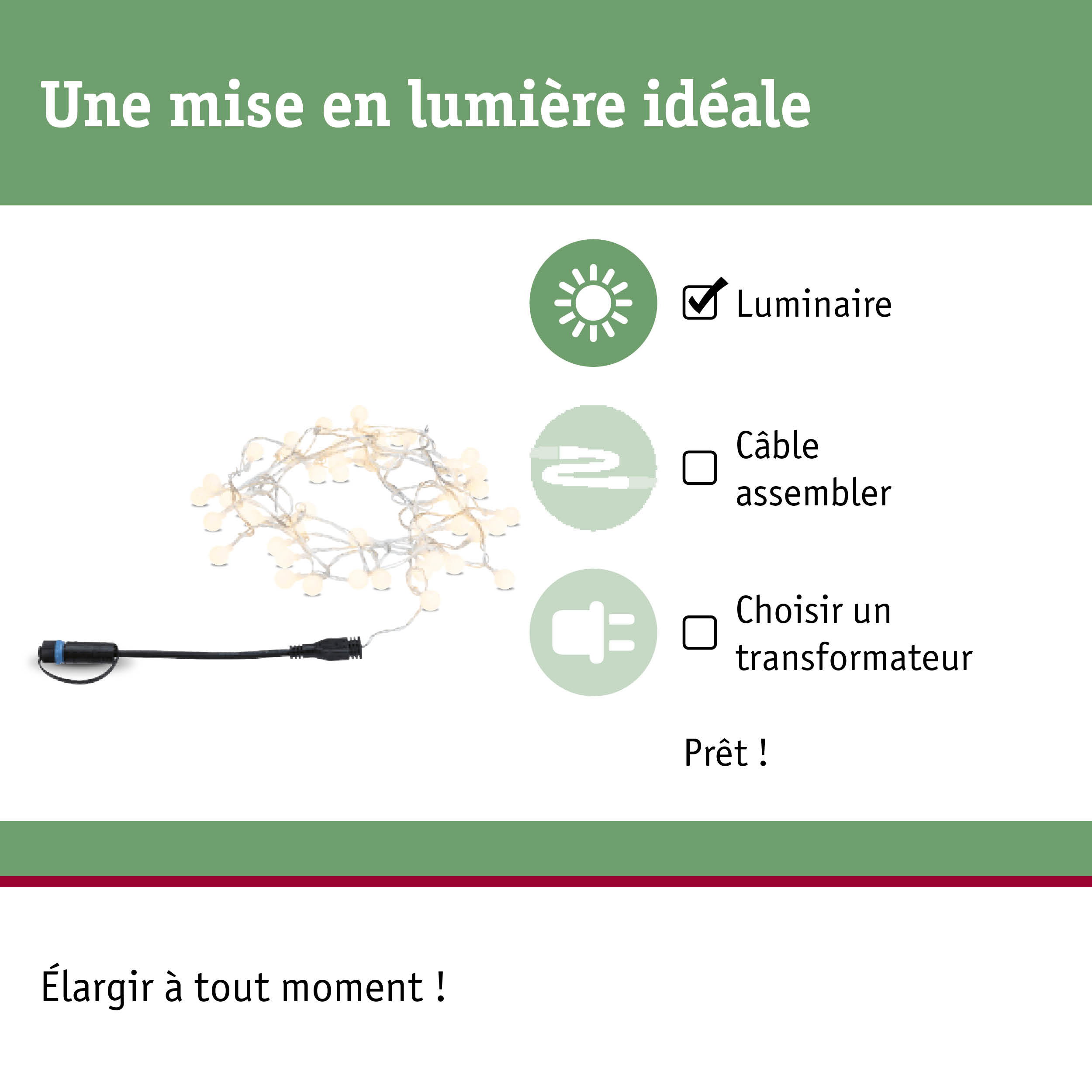 Guirlande lumineuse avec LED blanc chaud et câble noir pour éclairage décoratif facile à installer