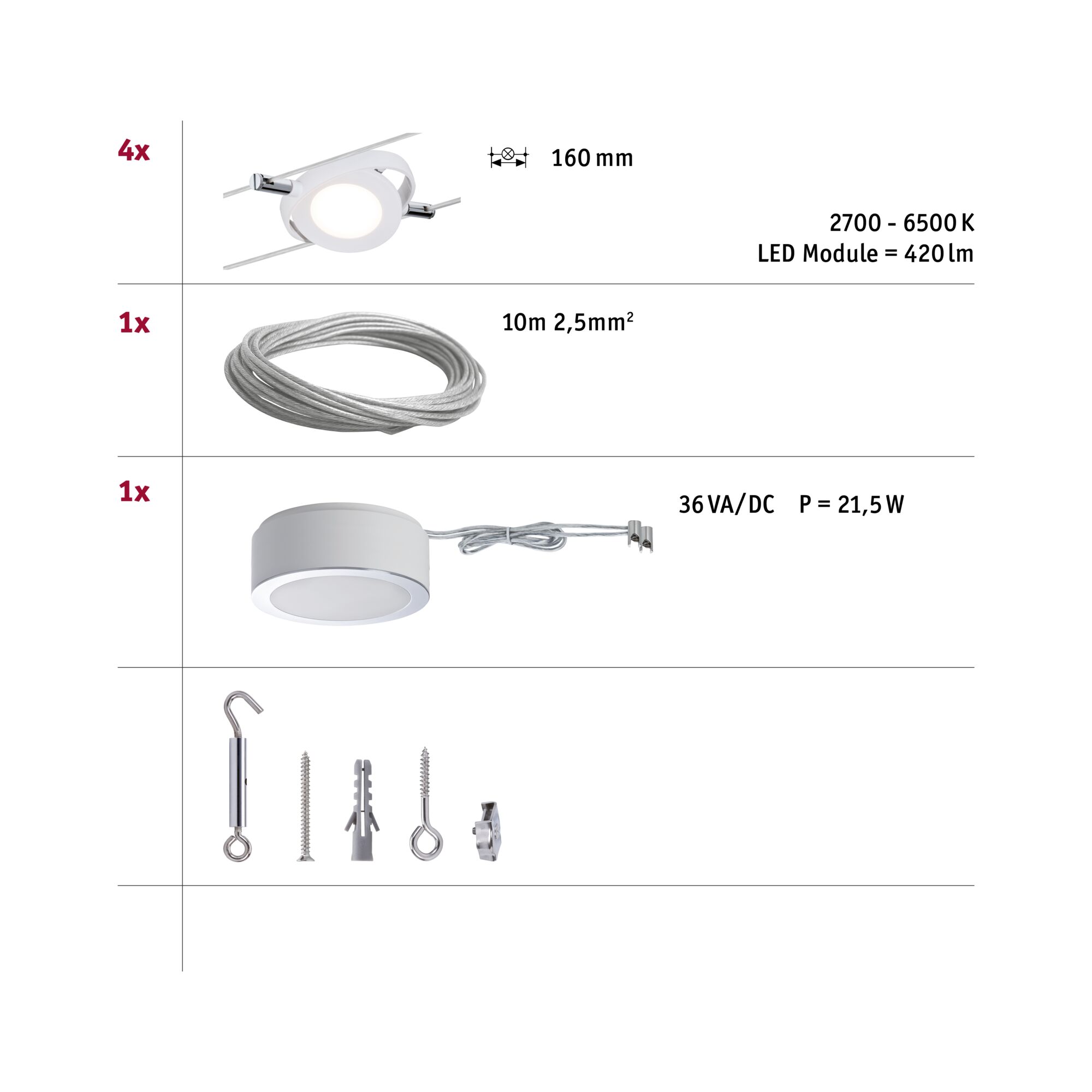 Technical drawing showing 4 white LED cable spotlights, 10m steel cable, 36VA/DC power supply, and mounting parts