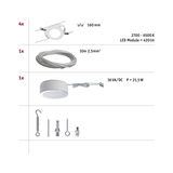Technical drawing showing 4 white LED cable spotlights, 10m steel cable, 36VA/DC power supply, and mounting parts