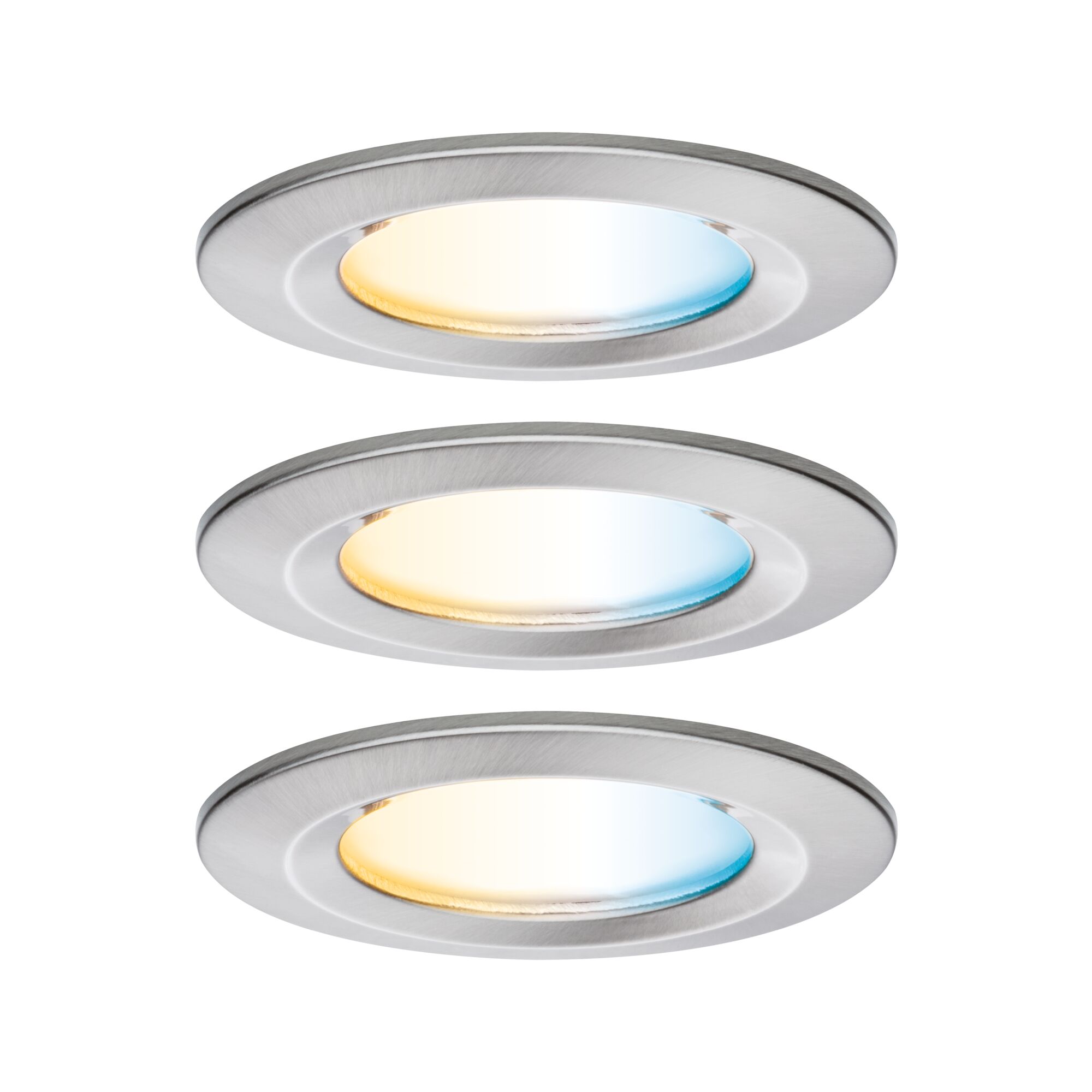 Three round LED recessed lights in brushed aluminum with warm and cool white light